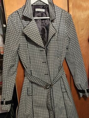 New York & Company Black and White Geometric Belted Trench Coat